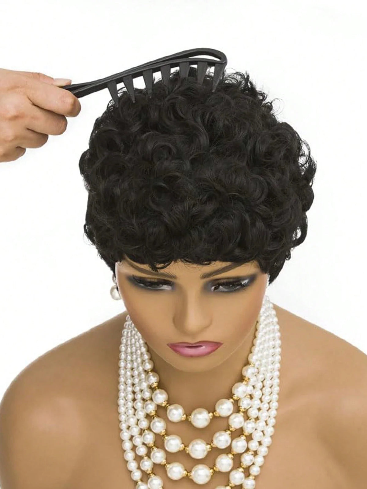 Short curly wig shown from different angles