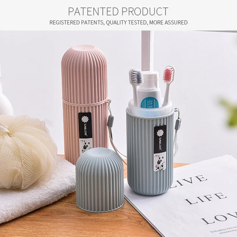 Travel toothbrush case with storage and use examples