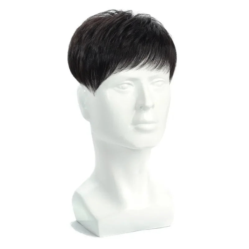 Short dark hair topper shown on a mannequin or alone