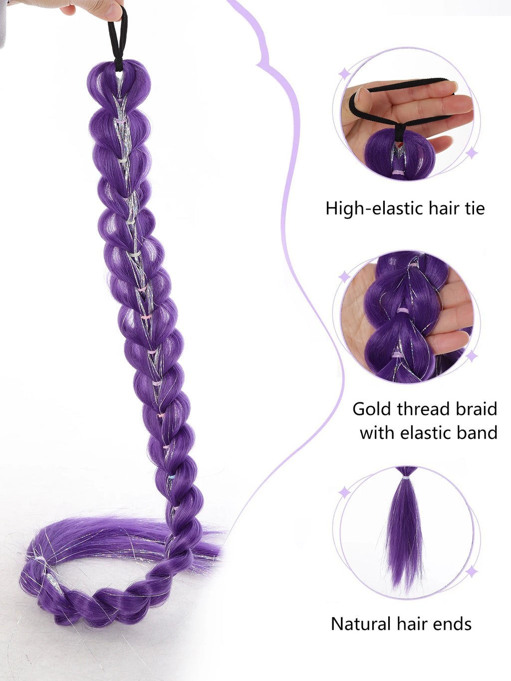 32-Inch Purple Braided Ponytail with Tinsel