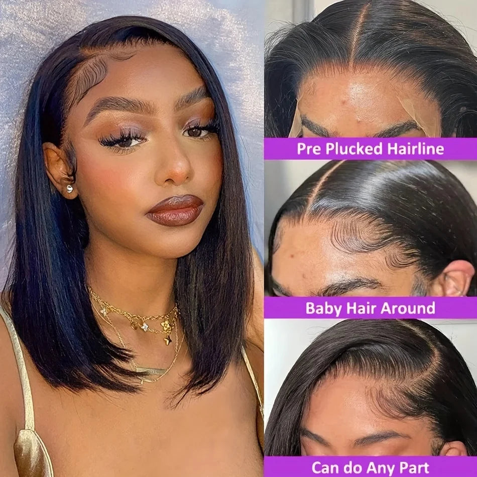 Straight dark bob wig with styling and hairline details