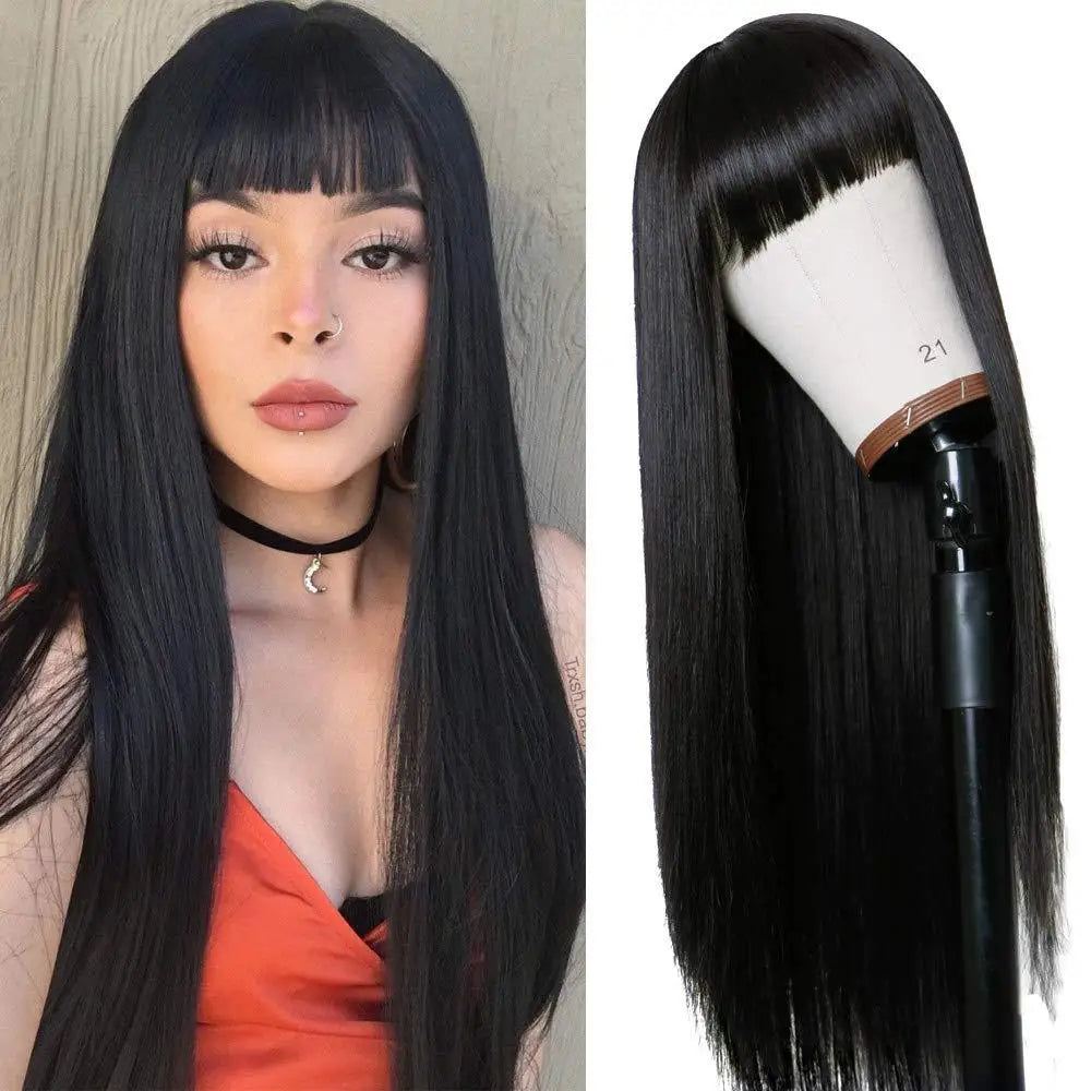 Long straight wig with bangs shown on a model and mannequin