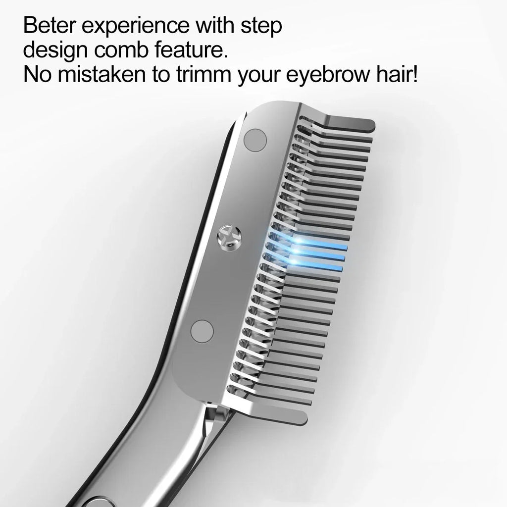 Eyebrow scissors with comb attachment and trimming examples