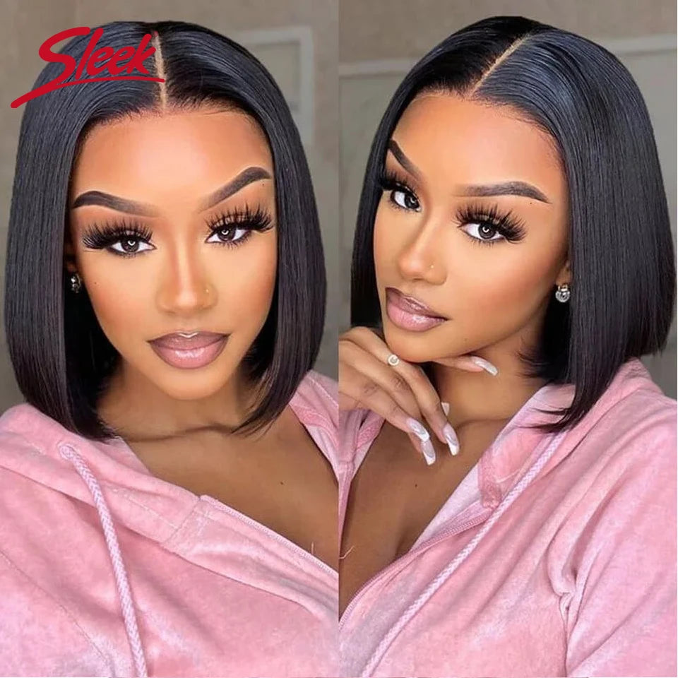 Straight dark bob wig with styling and hairline details