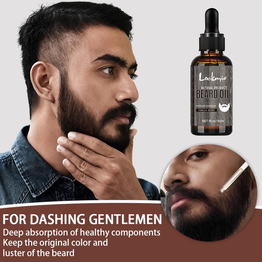 Beard oil with grooming, ingredient and product information