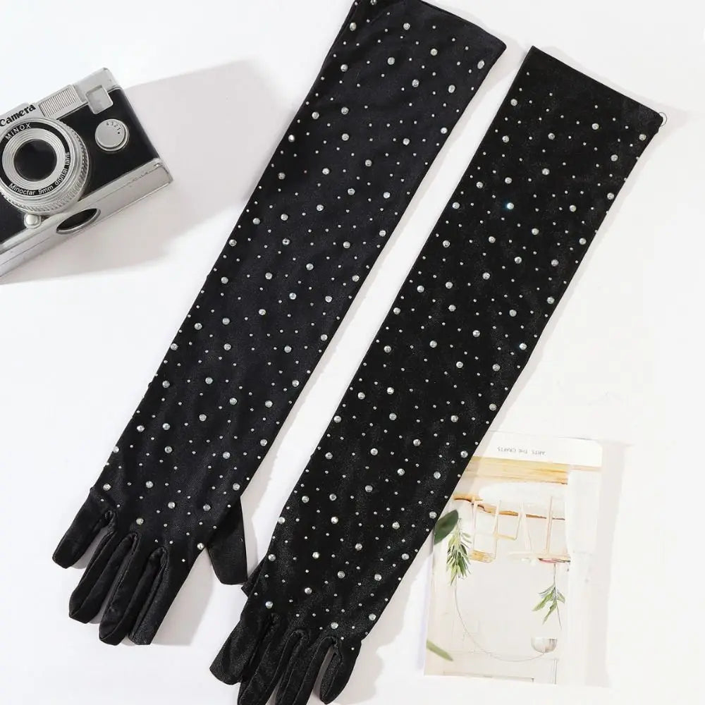 Elbow Length Full Finger Rhinestone Statement Gloves