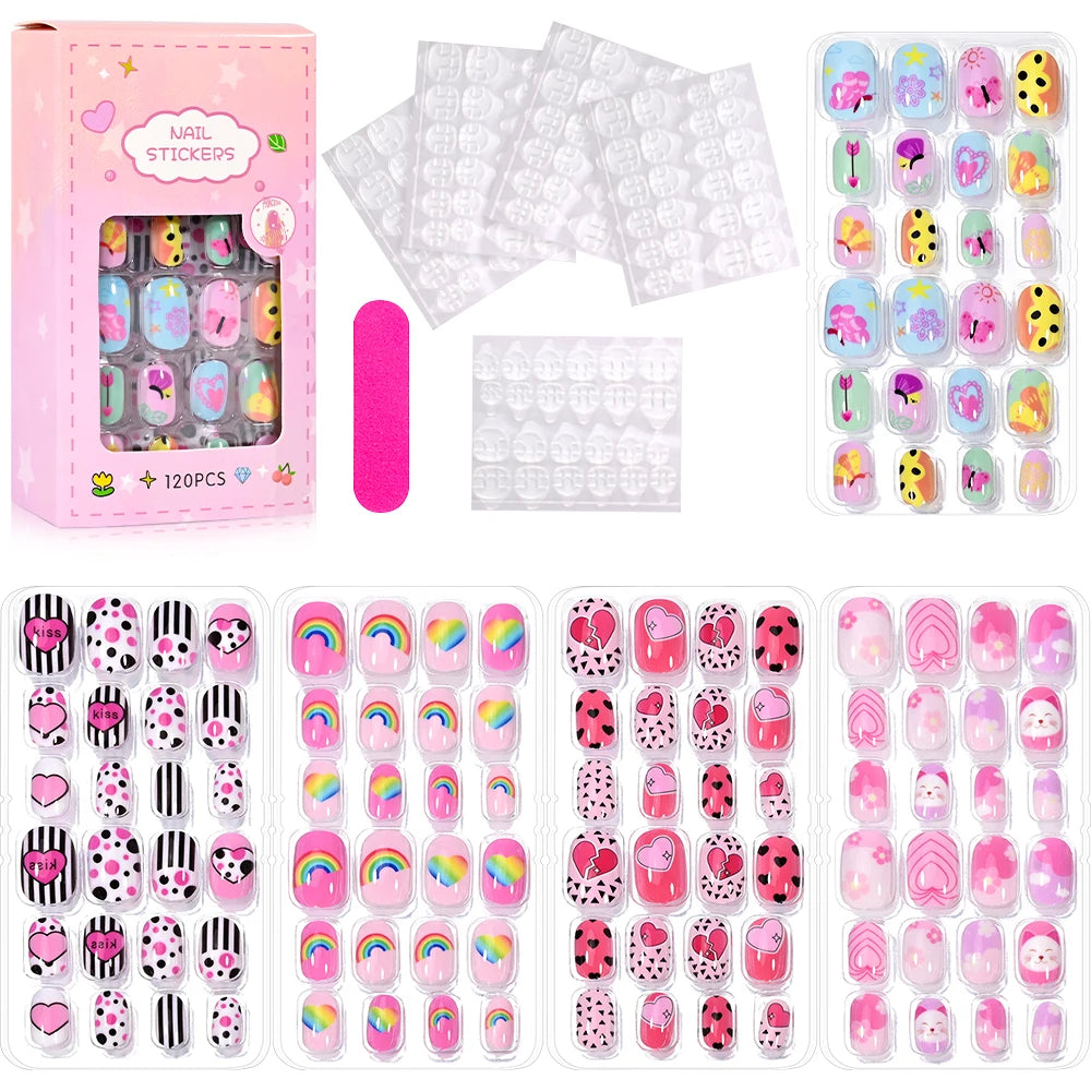 Assorted colorful press-on nails with packaging and manicure accessories