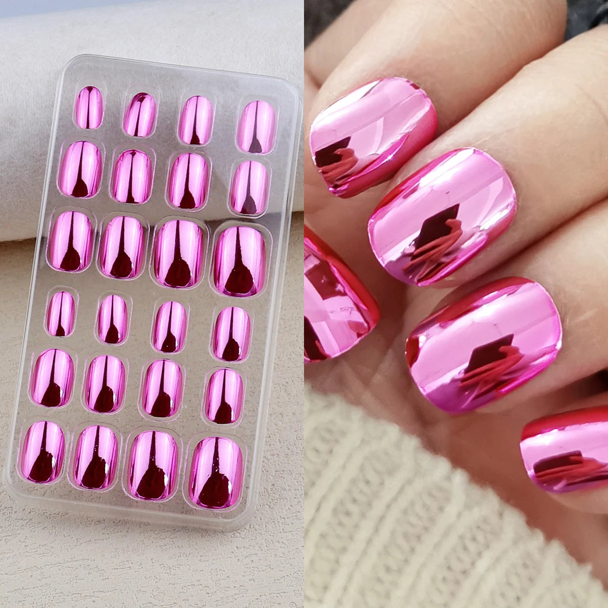 Chrome press-on nail shade shown in a set and on a hand