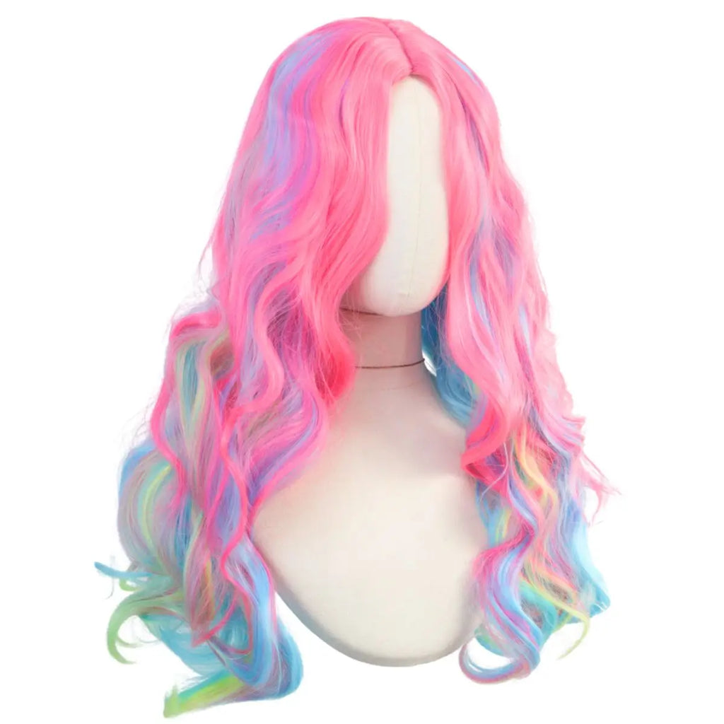 Long pastel wavy wig shown on a mannequin or model