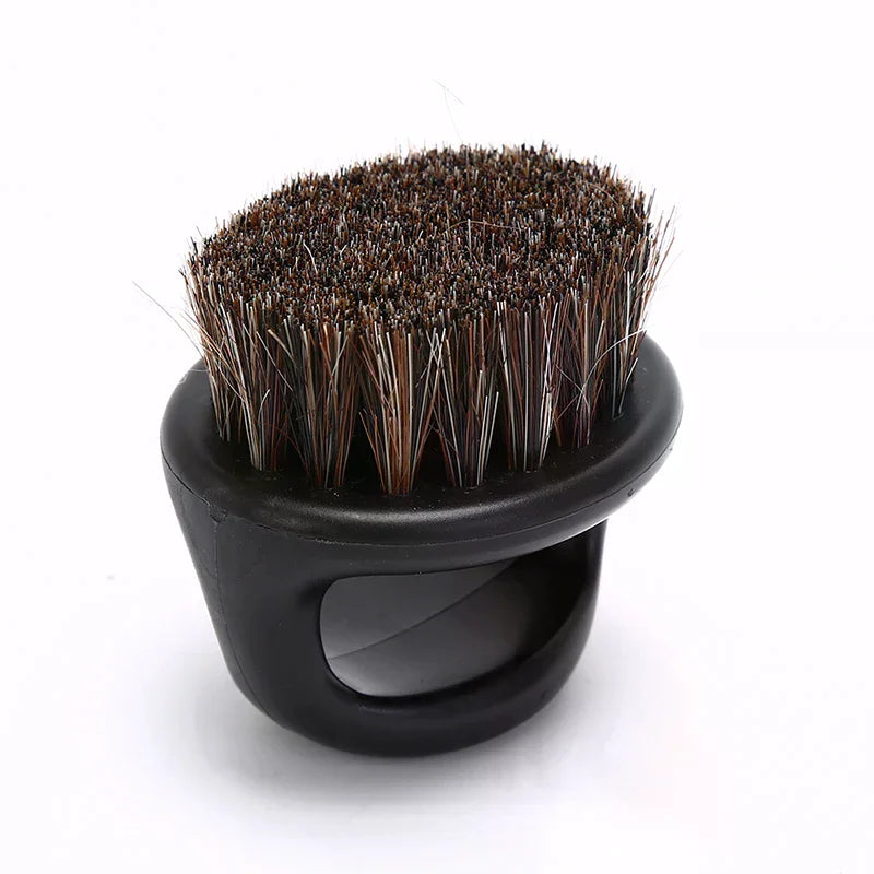 Palm grooming brush with hand grip and bristle views