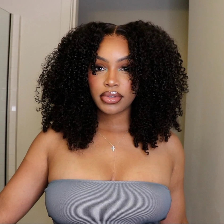 Shoulder-length curly wig shown on a model
