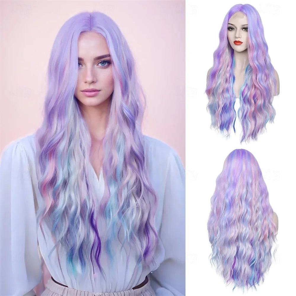Long pastel wavy wig with hairstyle and parting details