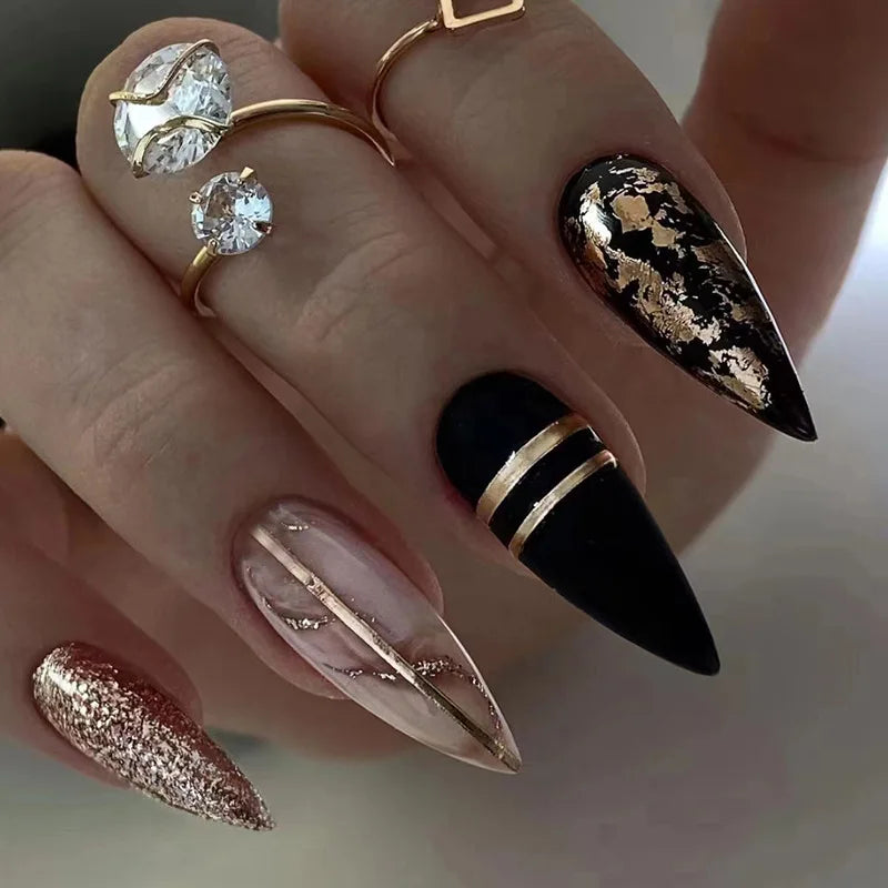Long decorative nail designs with raised accents shown on hands