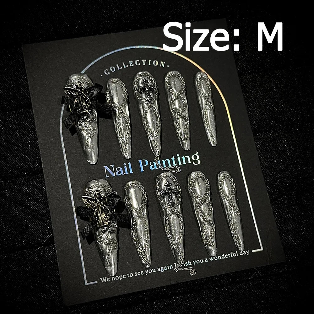 Gem-encrusted press-on nail set with size label