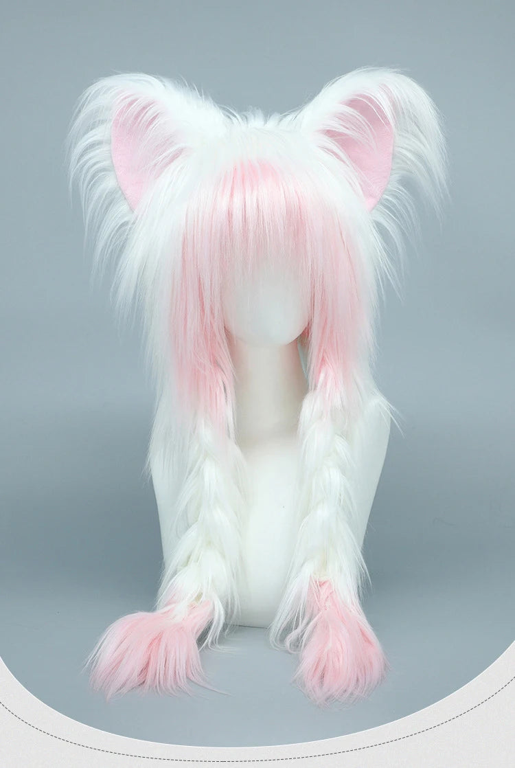 Y2K Cat Ear Plush Hat - Cute Braid Cosplay Cap- 9 Colors