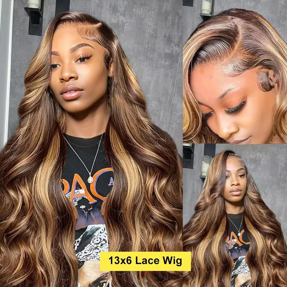 Highlighted brown wavy wig with styling and hairline examples