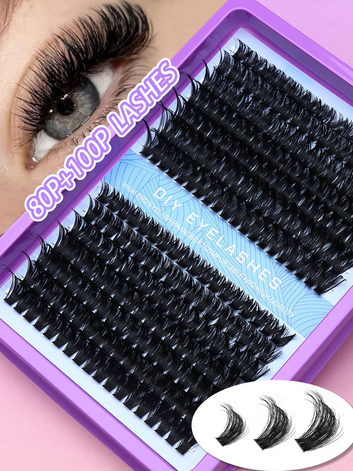 False eyelash clusters arranged in rows in a tray