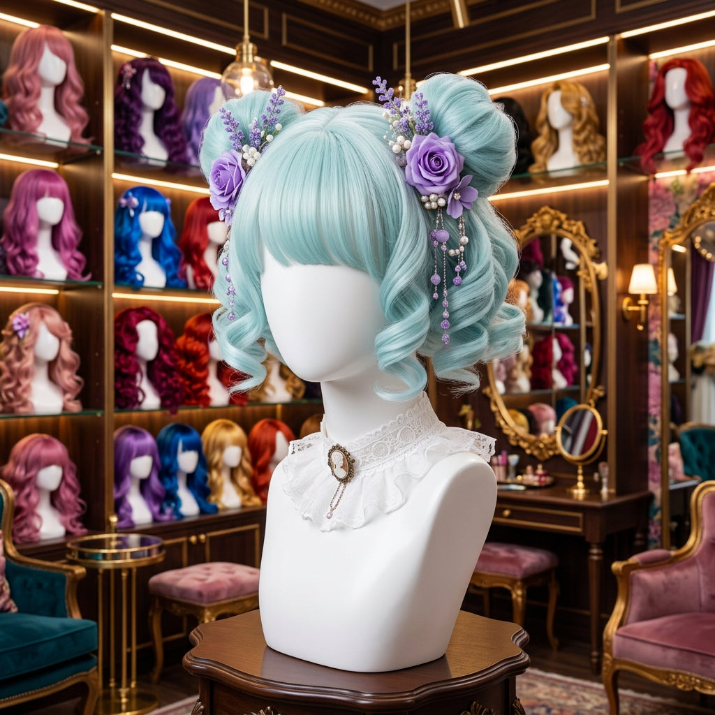 Cosplay wig shown with front, back or styling views