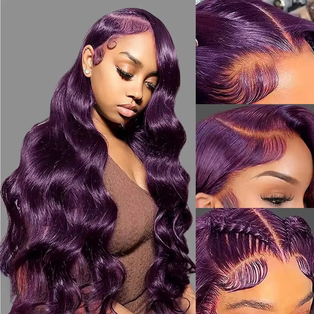 Long purple wavy wig styled on a model