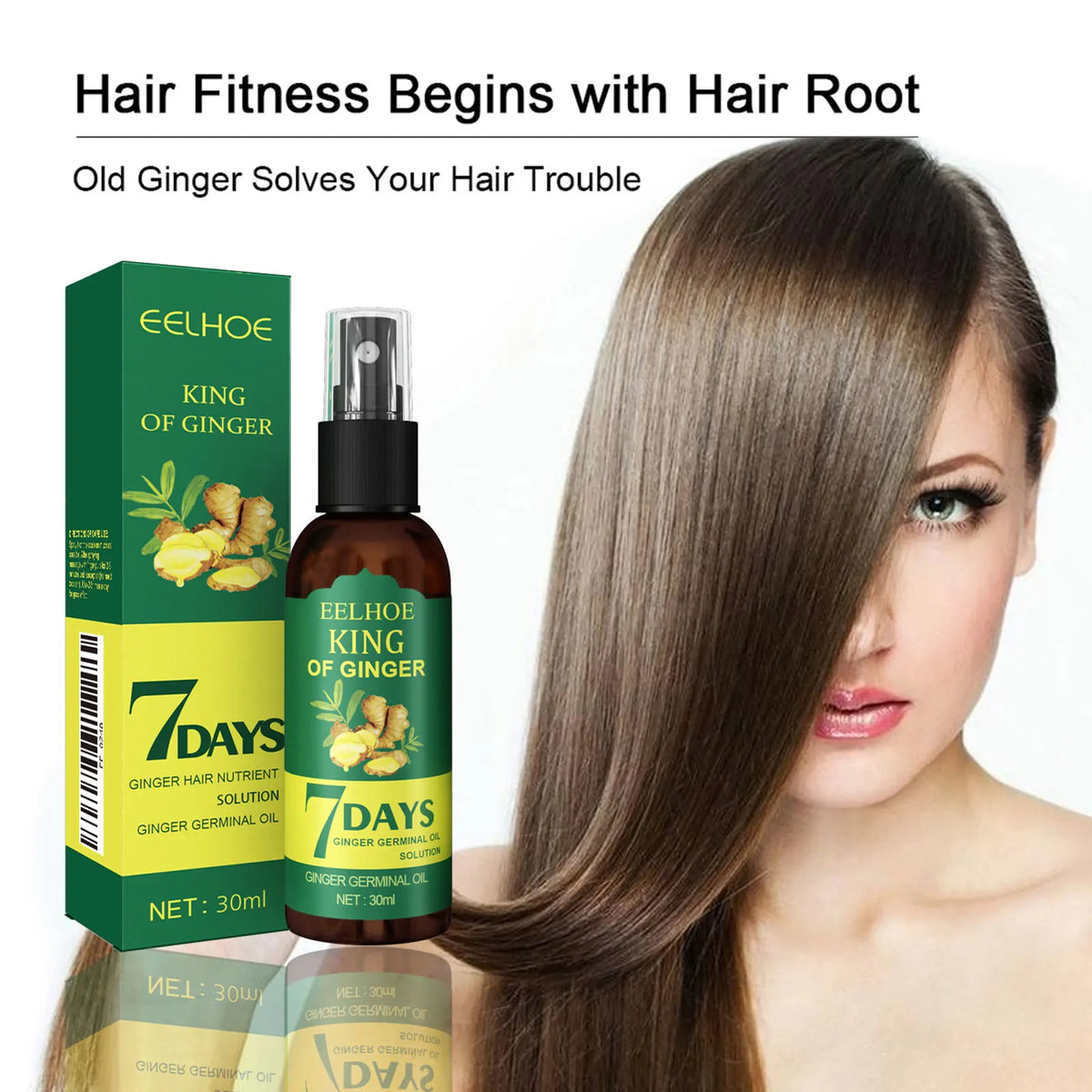 Hair oil bottle with scalp application and promotional graphics