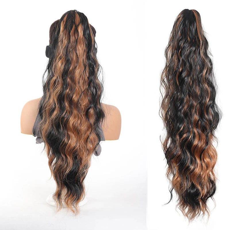 Long wavy ponytail extension shown on a mannequin and laid out