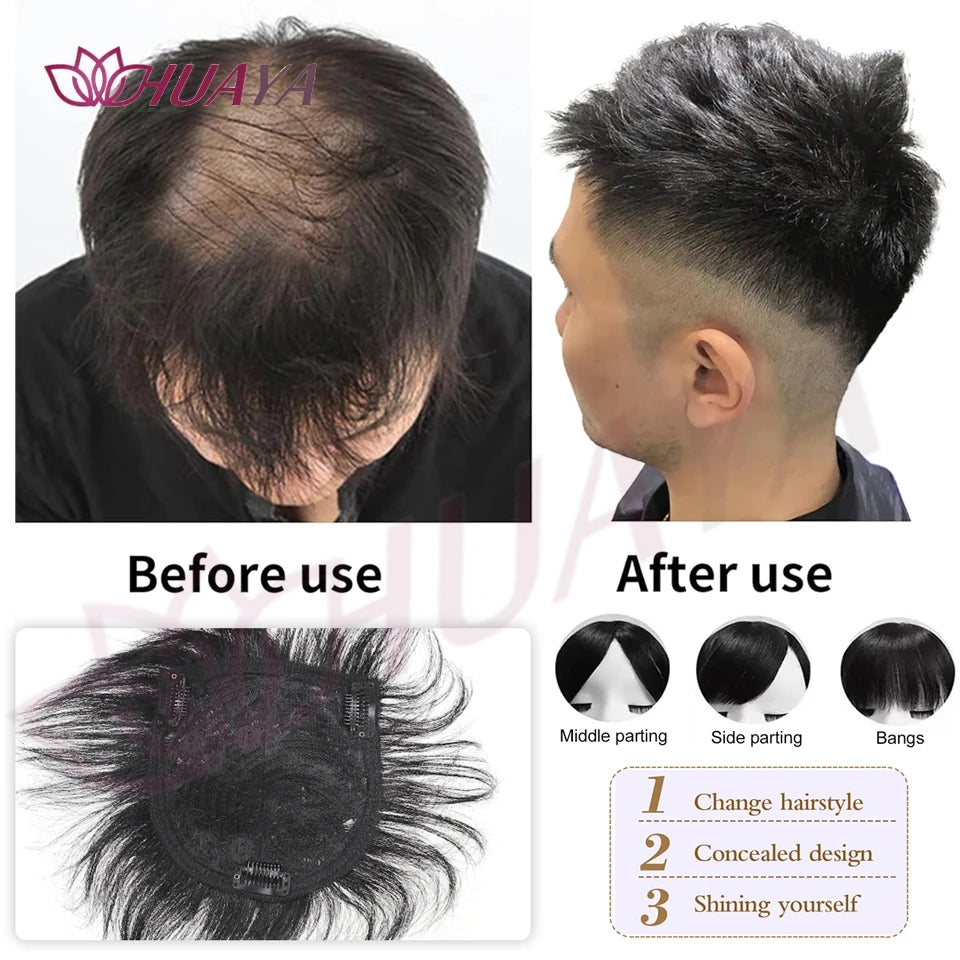 Short dark hair topper with styling and application examples