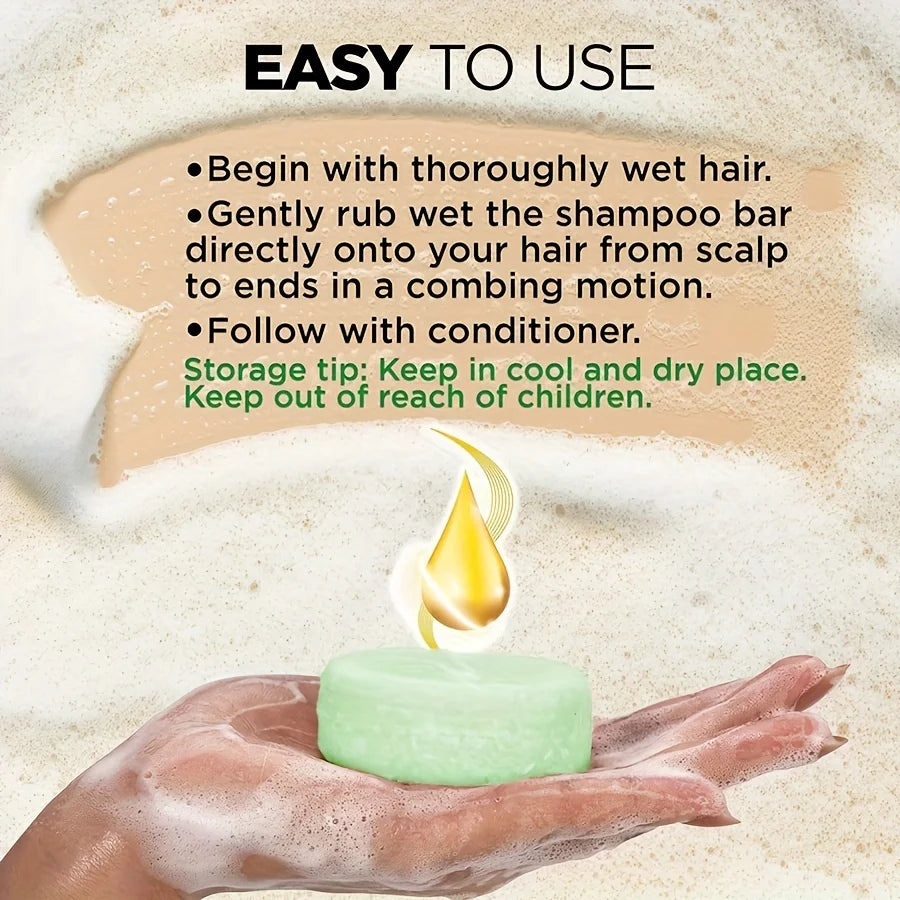 Green shampoo bar with ingredients and hair washing information