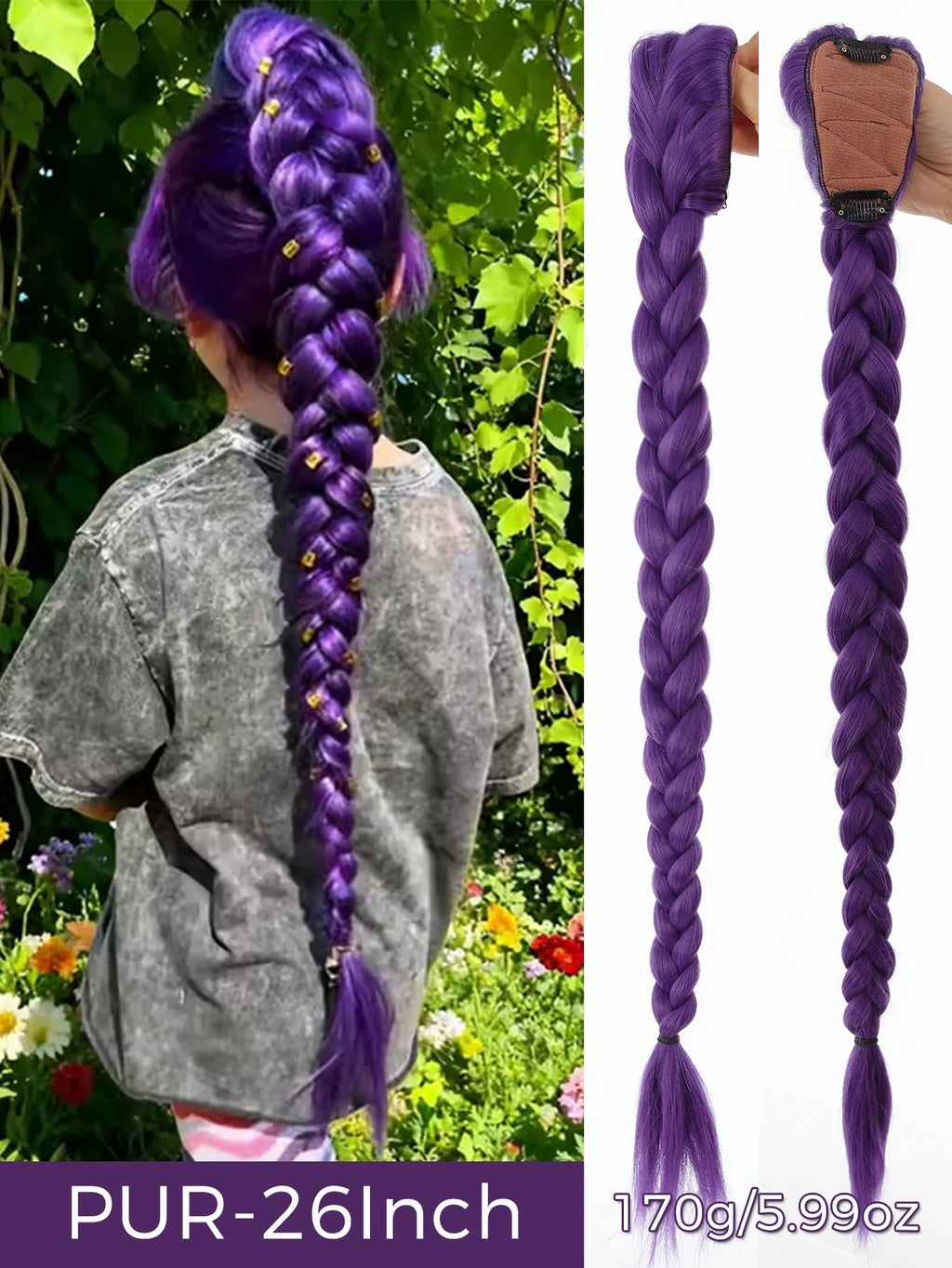 32-Inch Purple Braided Ponytail with Tinsel