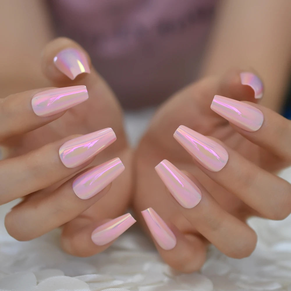Chrome-finish nails shown on hands