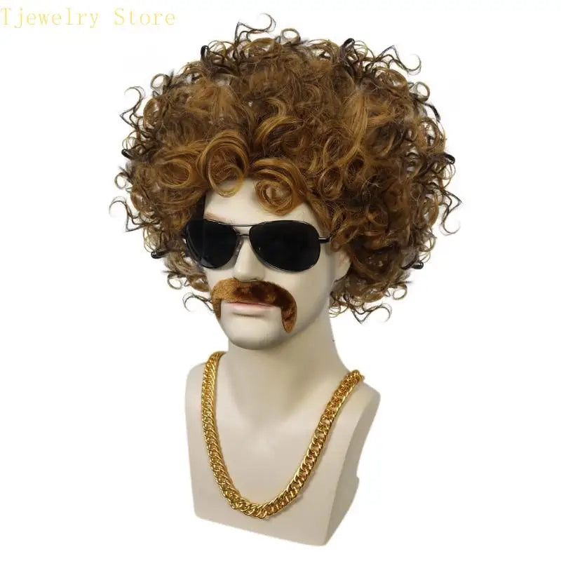 Curly costume wig with sunglasses and mustache accessories
