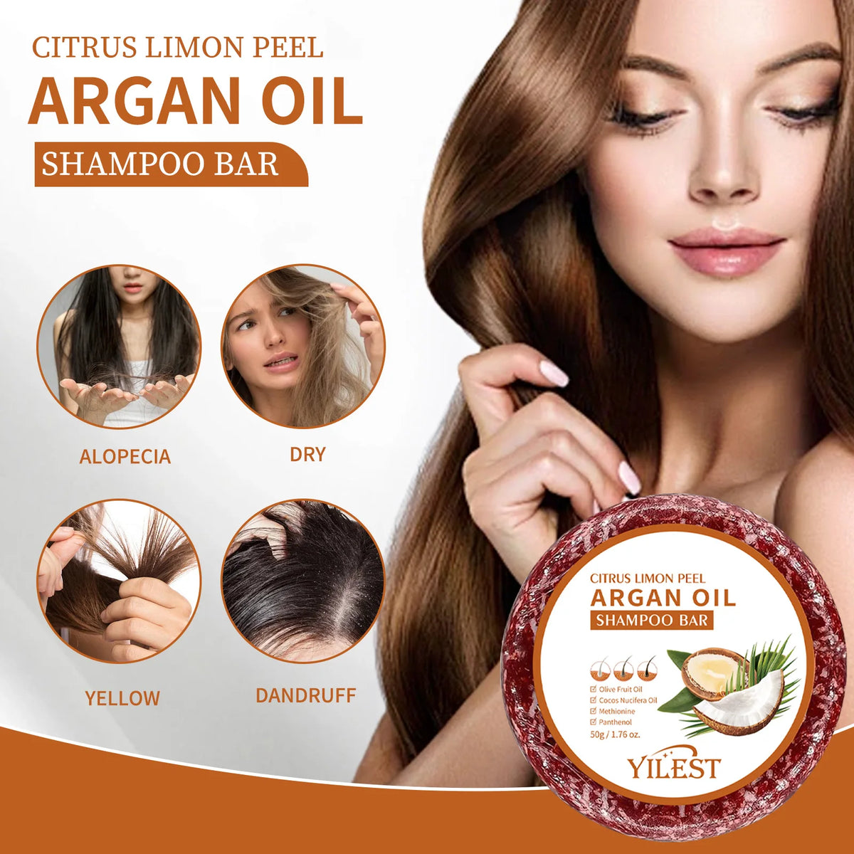 Shampoo bar with hair care, ingredient and application graphics