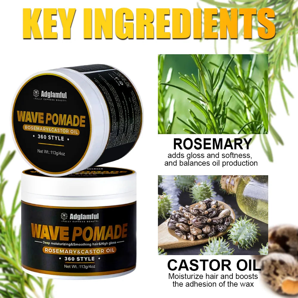 Wave pomade with hairstyle and ingredient graphics
