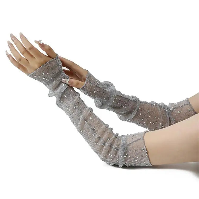 Long Fingerless Rhinestone Mesh Gloves
