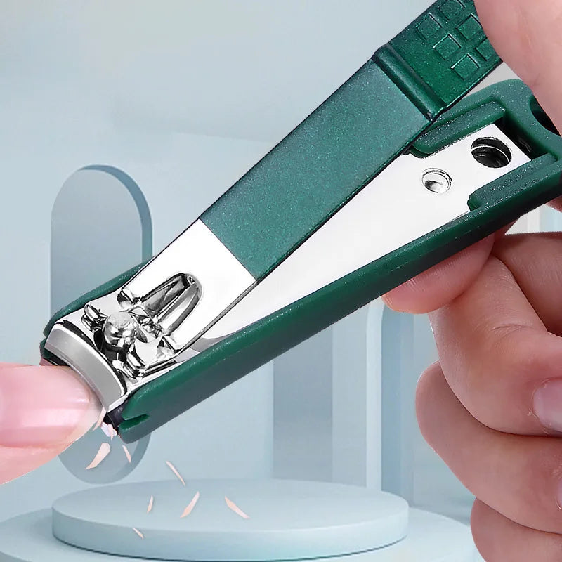 Manicure tools in a green case with nail clipper detail views