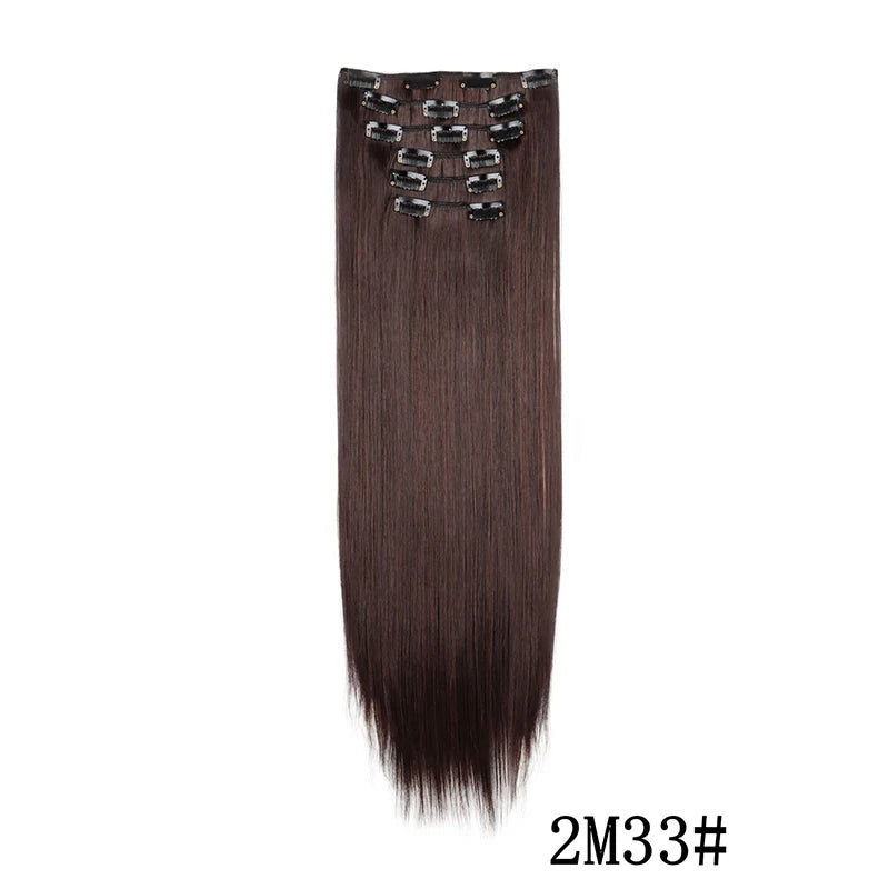 Straight clip-in hair extension with visible attachment clips