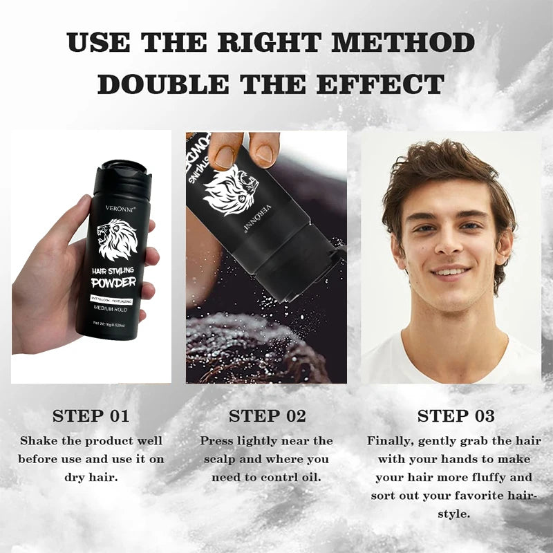 Hair styling powder with hairstyle and application examples