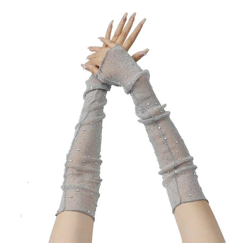 Long Fingerless Rhinestone Mesh Gloves