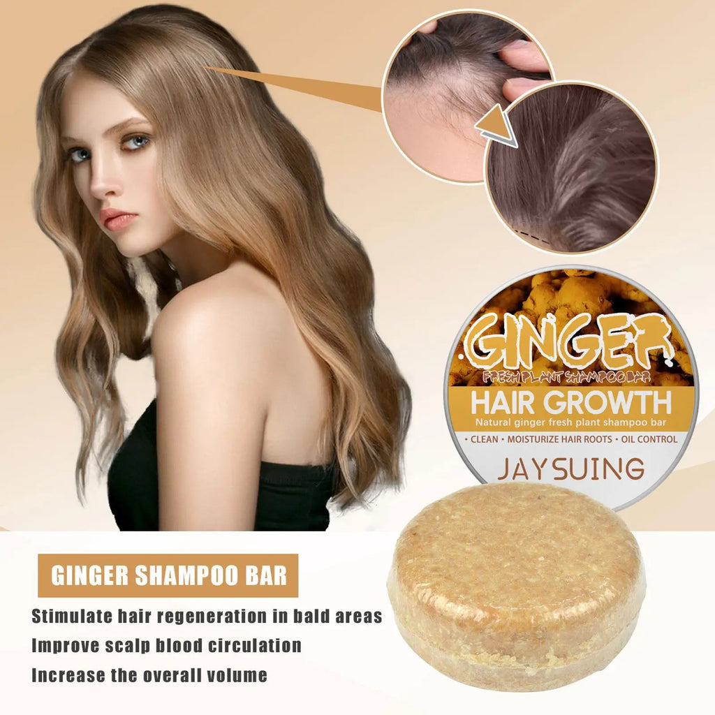 Ginger shampoo bar with hair care and application graphics