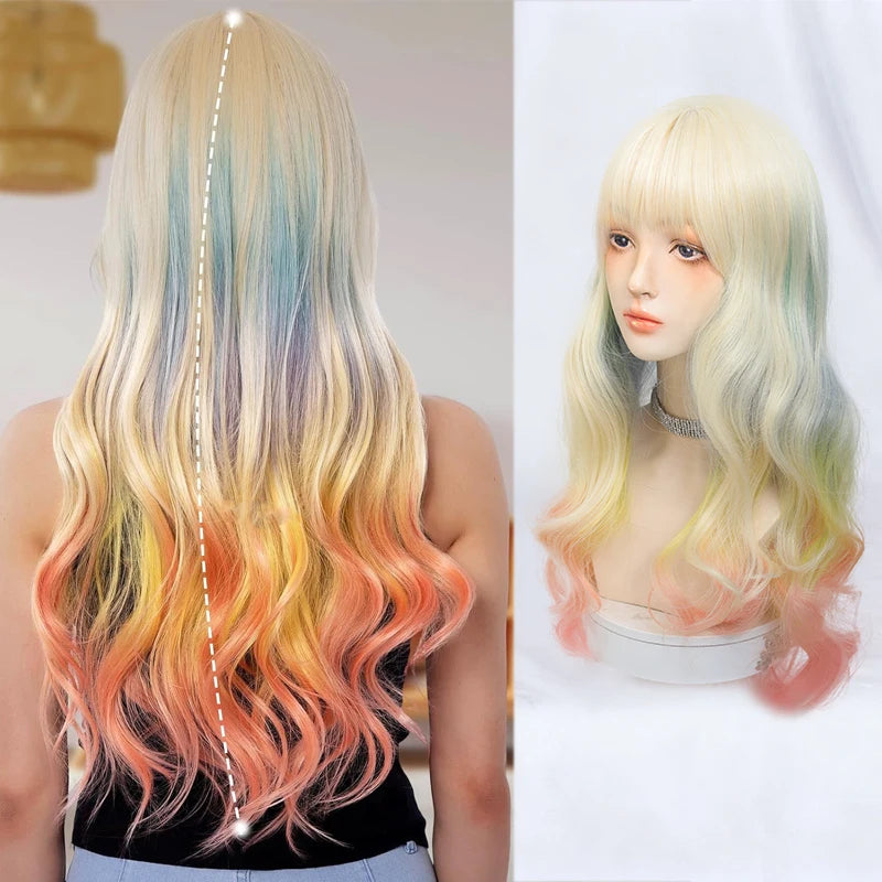 Long pastel wavy wig shown on a mannequin or model