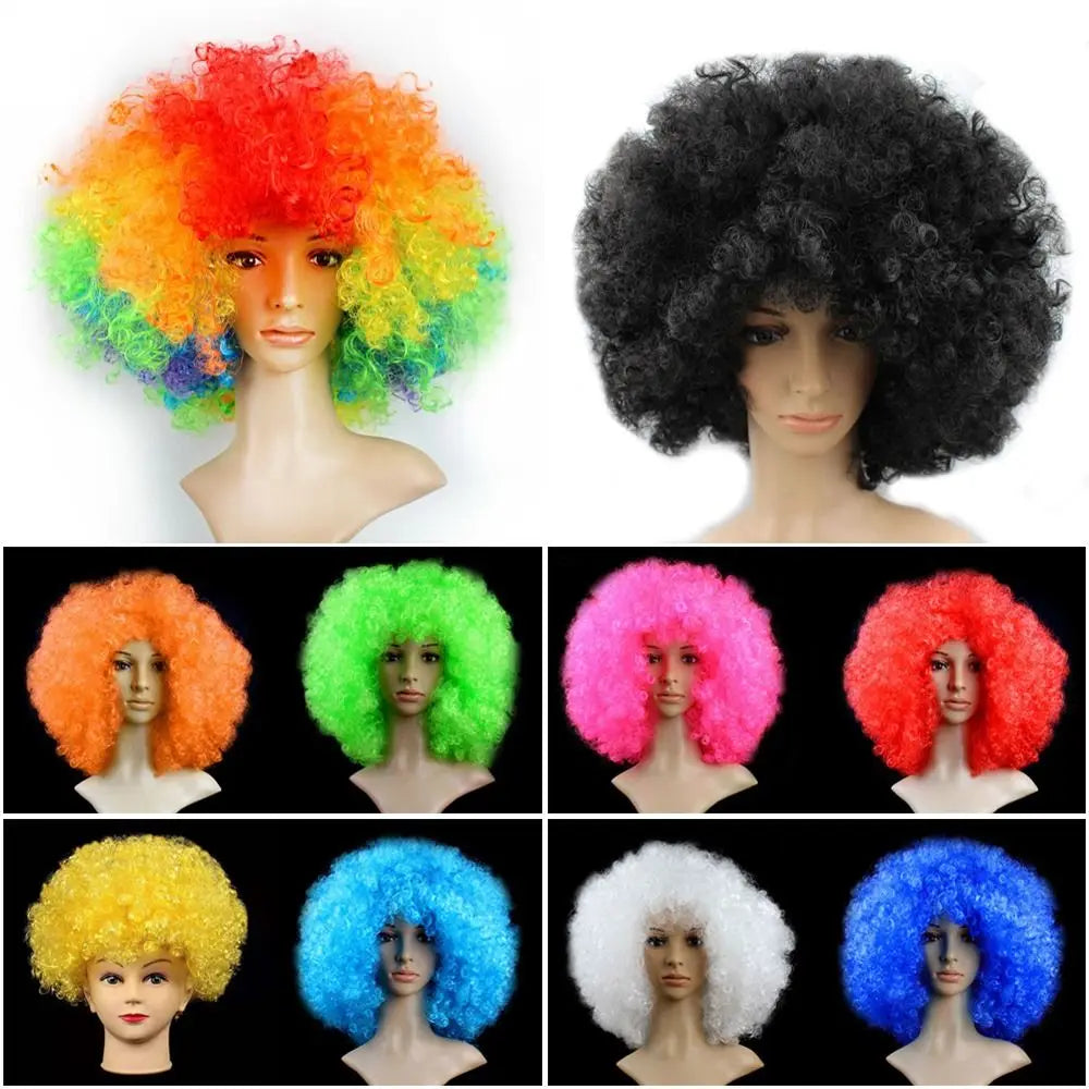 Curly costume wig color options shown on mannequins