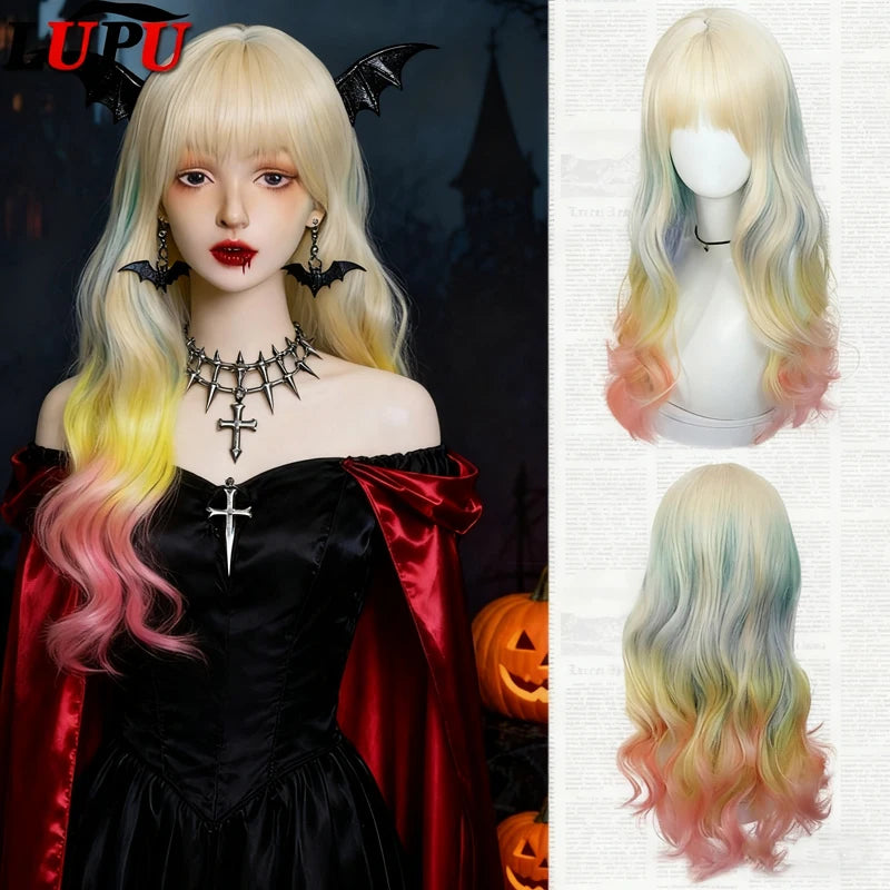 Long pastel wavy wig with styling and product details