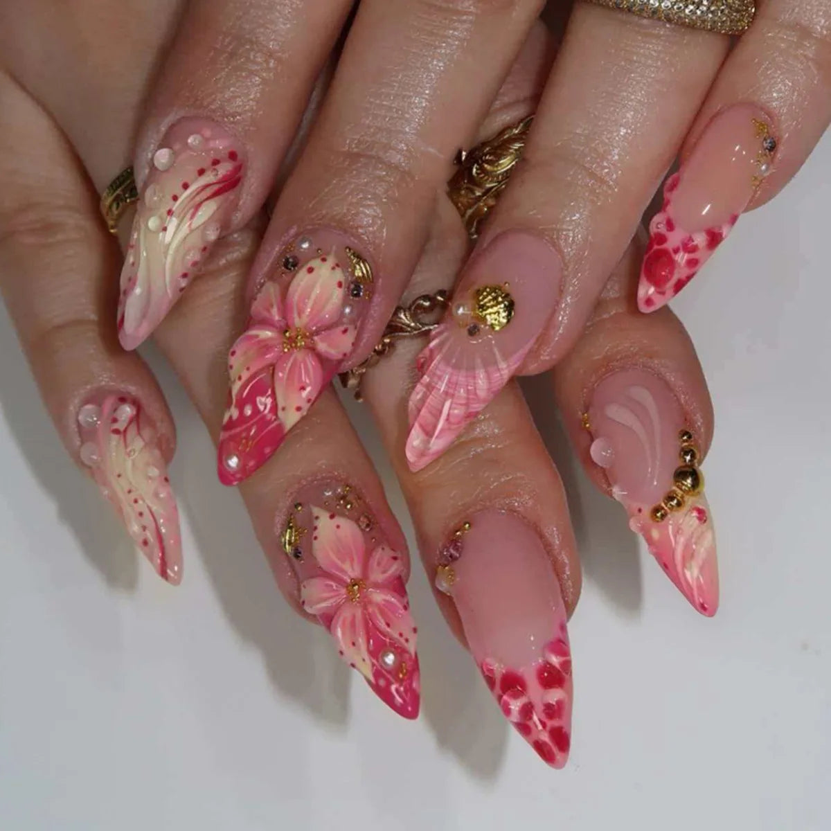 Decorated nails shown on hands