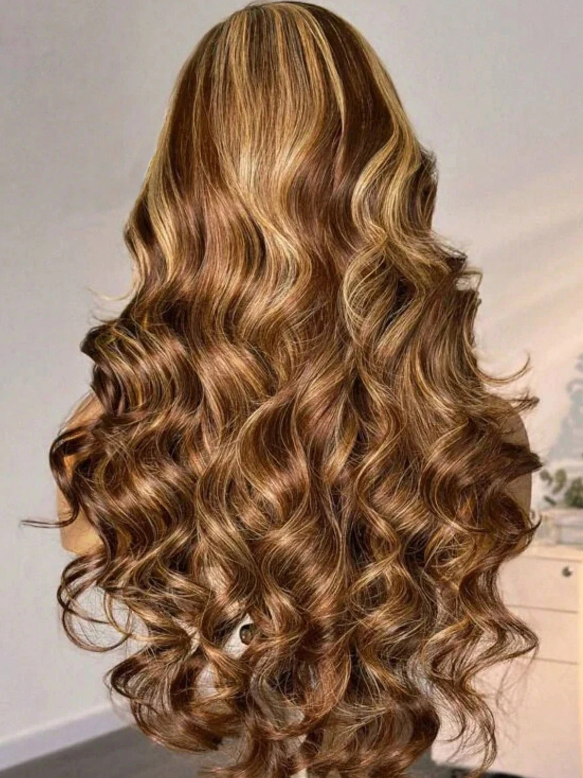 Long highlighted brown wavy wig shown from different angles