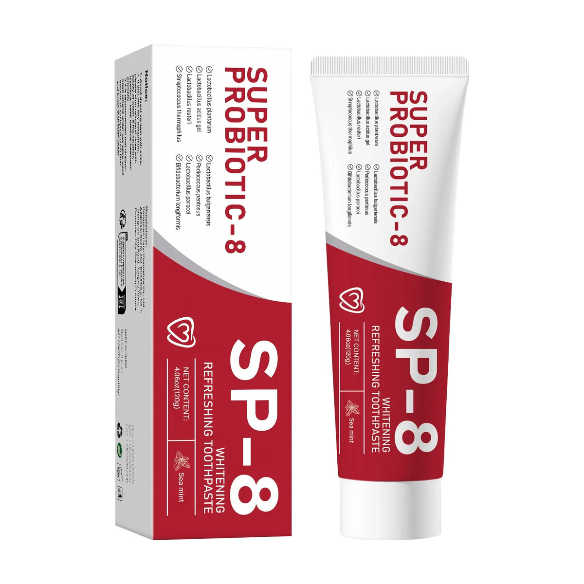 Probiotic toothpaste tubes and boxes