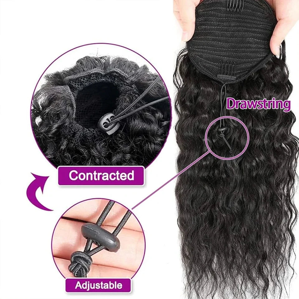 Curly ponytail extension with drawstring and base details