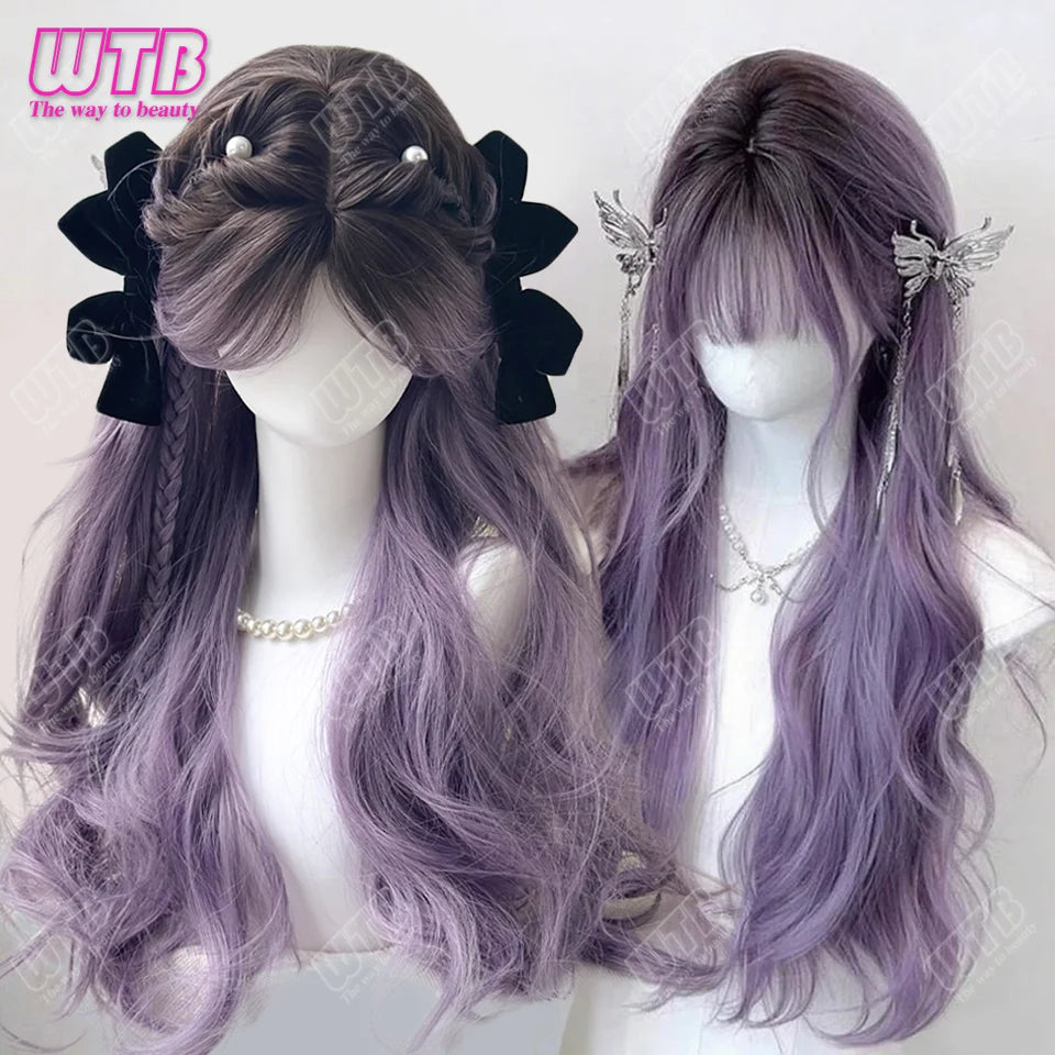 Long purple cosplay wig with decorative hair accessories