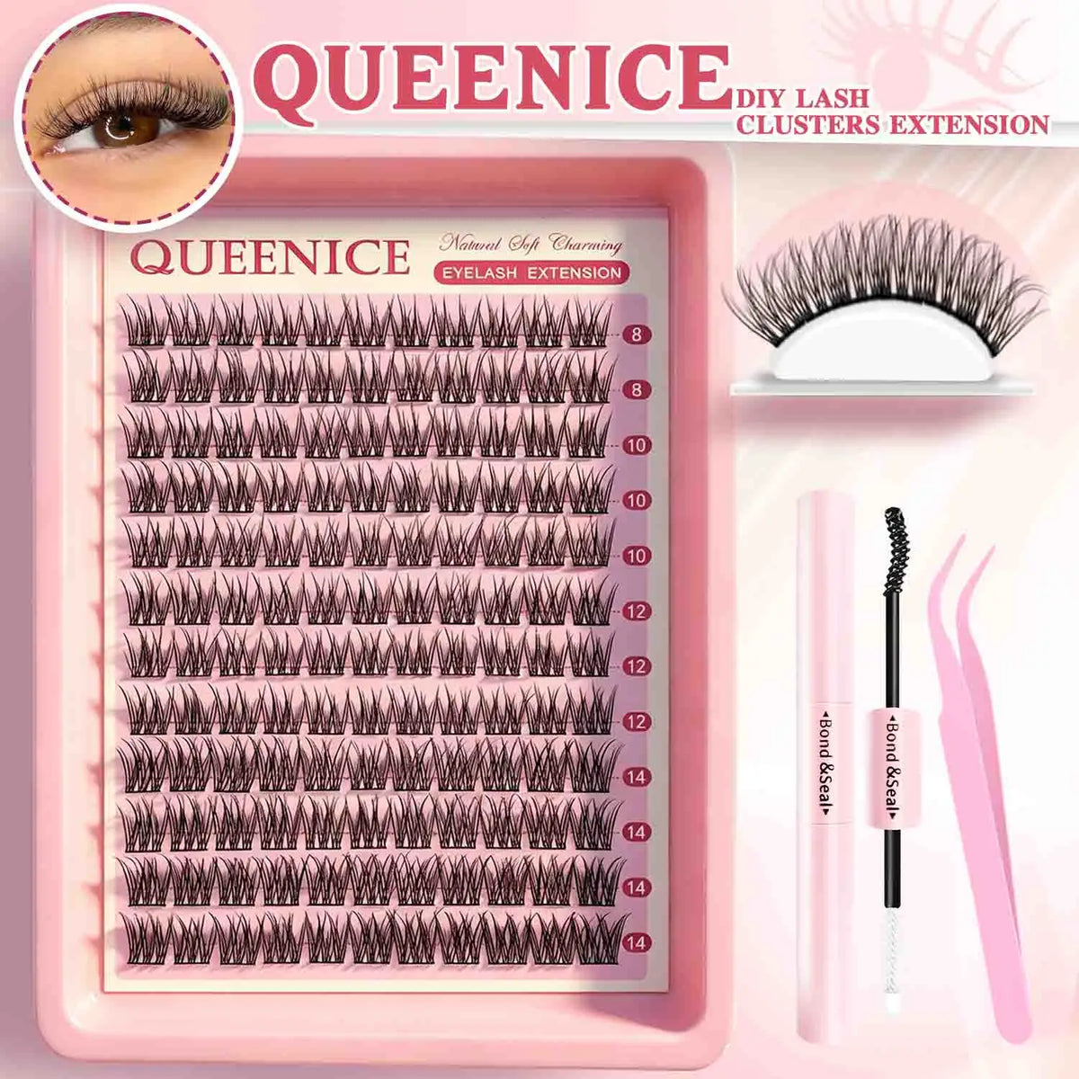 False eyelash clusters in trays with lash application examples