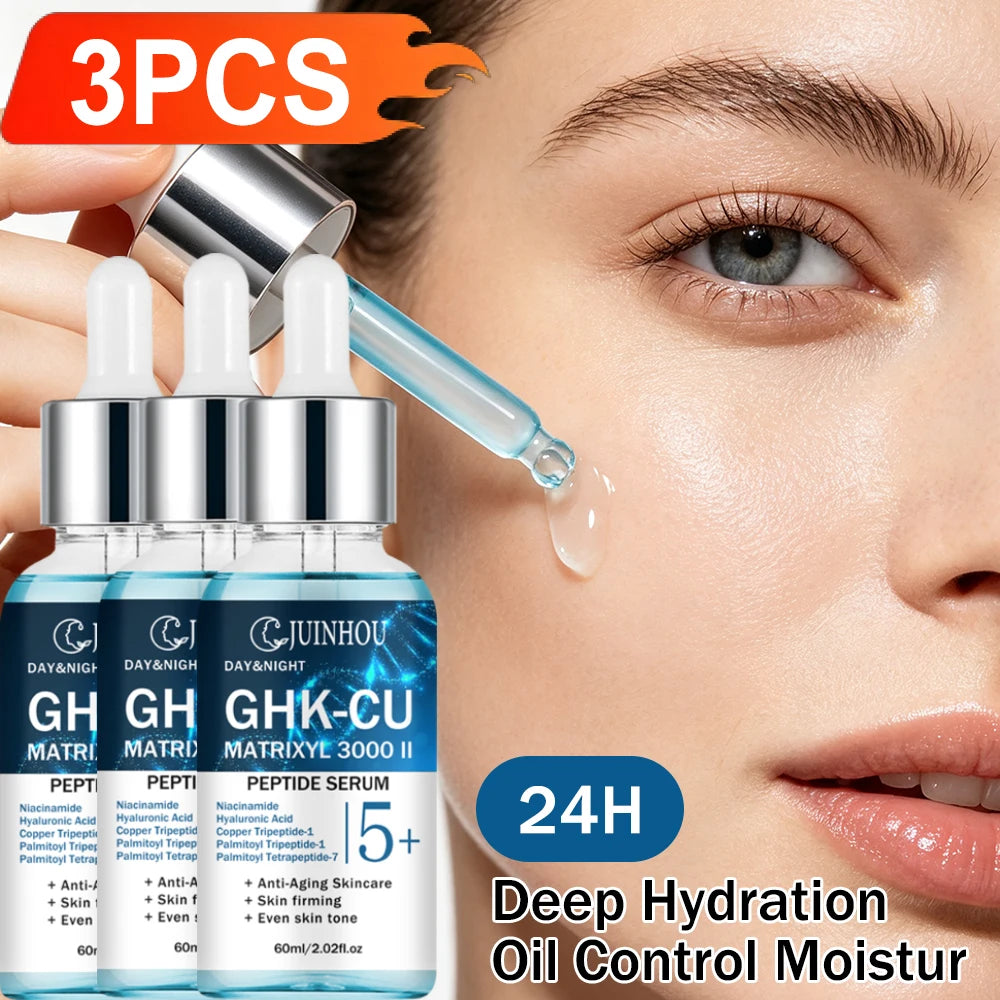 Copper peptide facial serum with skin application and product graphics