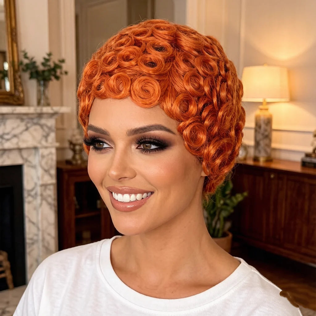 Short curly wig styled on a model