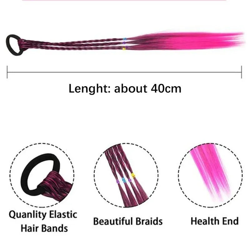 Colorful braided ponytail extensions with hair ties and styling examples